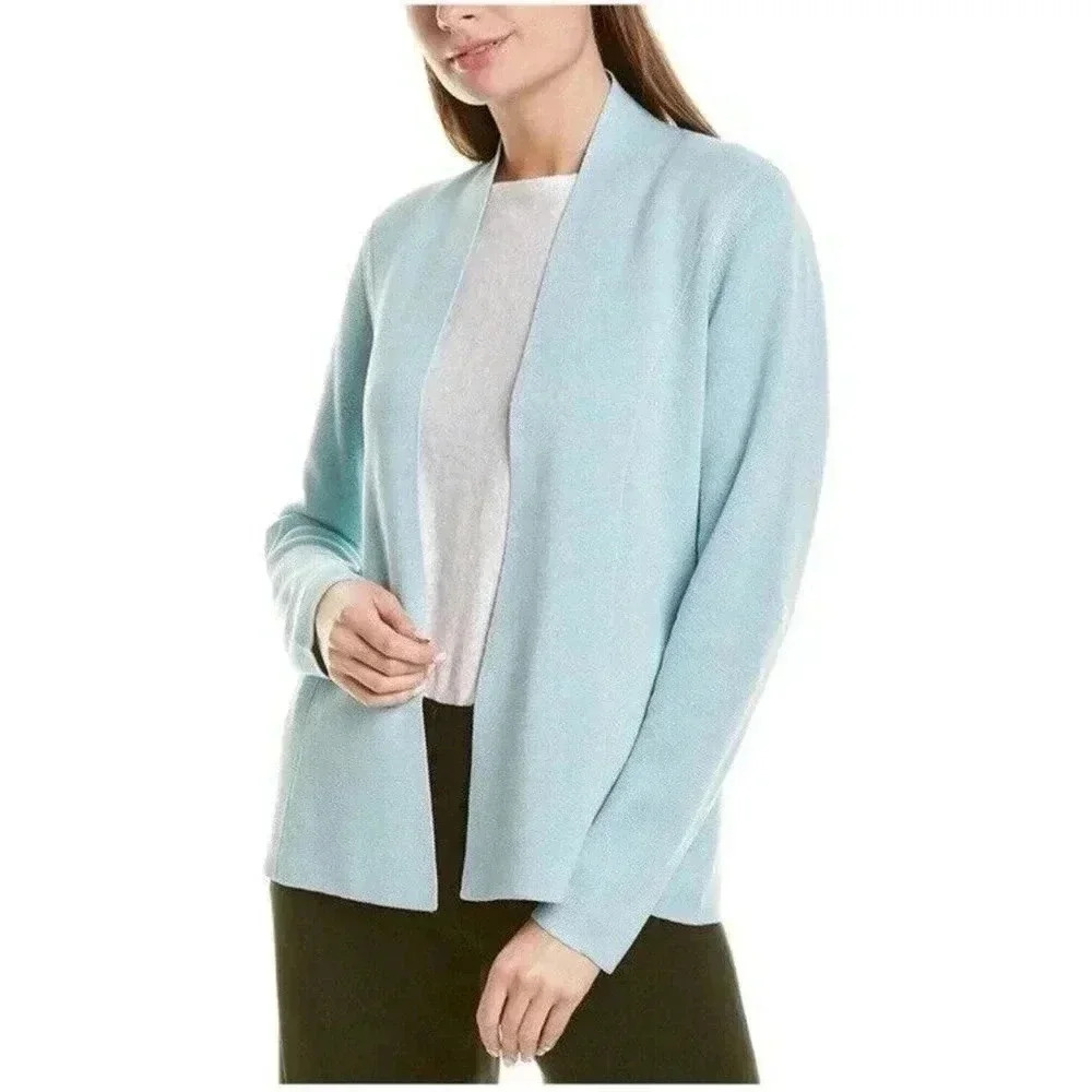 EILEEN FISHER Sz M Open Sweater Cardigan Jacket Capri Blue Silk‎ Organic Cotton